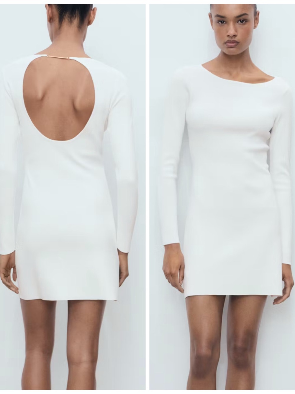 Mango Open Back Knitted White Long-Sleeve  Mini Dress